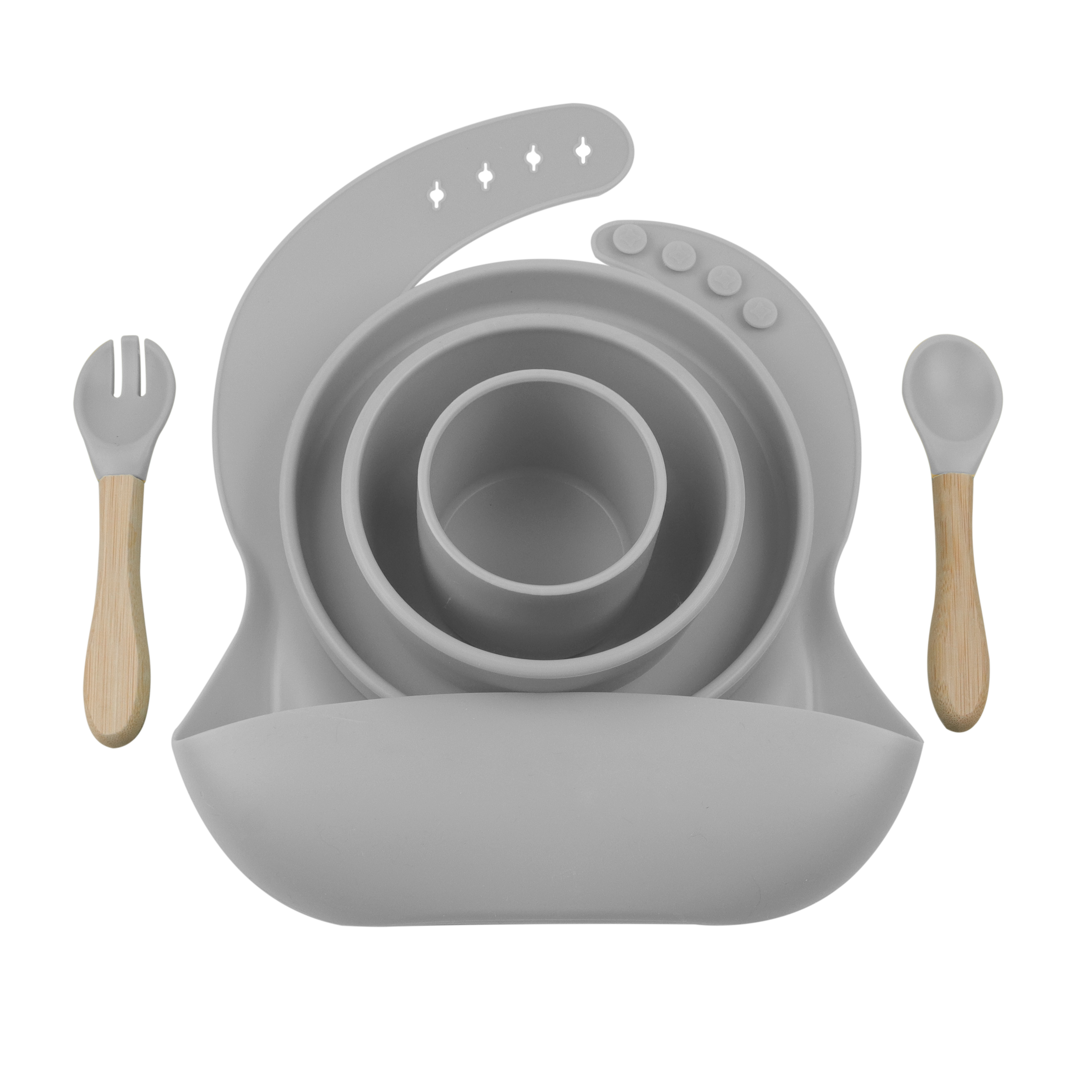 BLW SET III - Silikon Esslernset 6-teilig (Lätzchen + Teller + Schale + Becher + Löffel + Gabel)