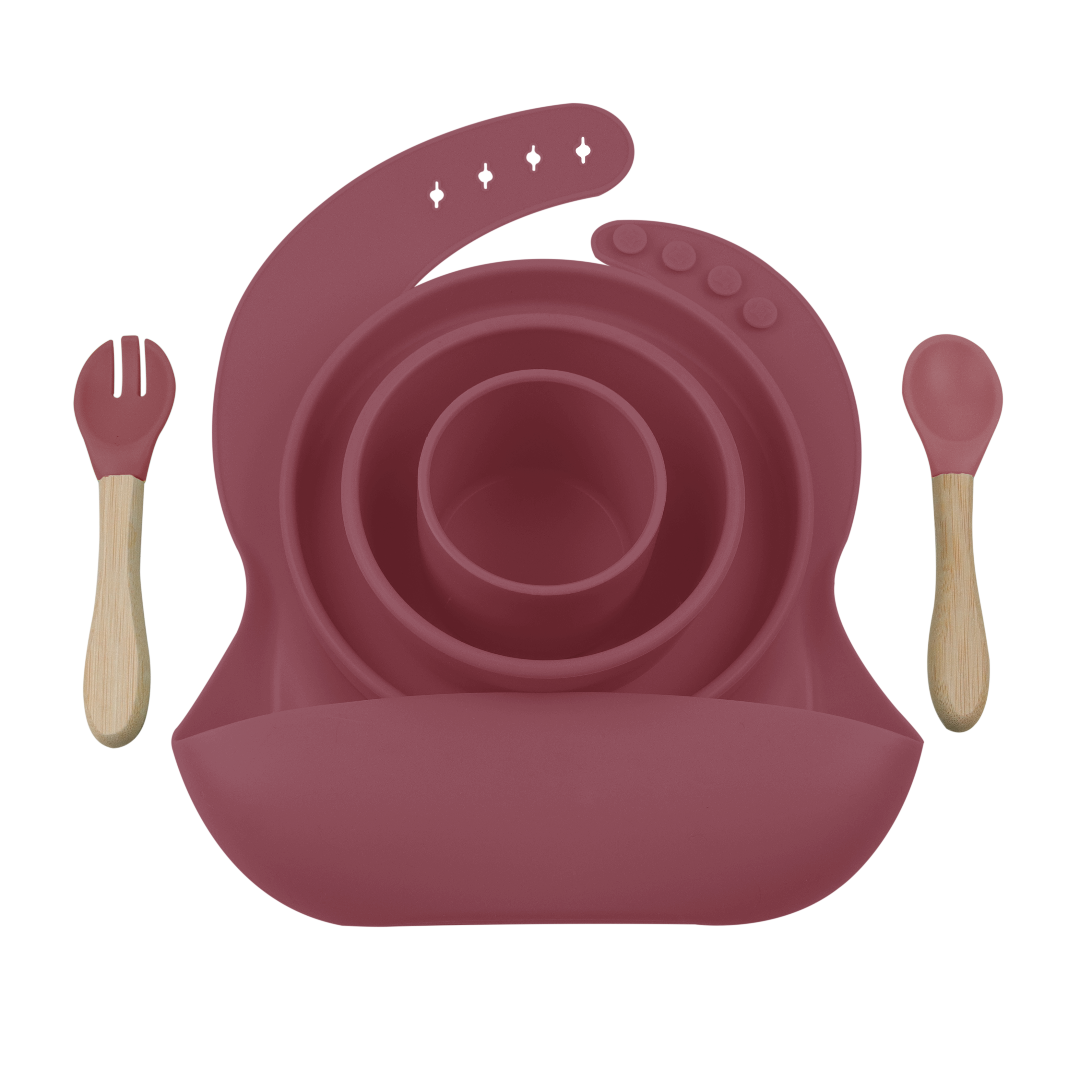 BLW SET III - Silikon Esslernset 6-teilig (Lätzchen + Teller + Schale + Becher + Löffel + Gabel)