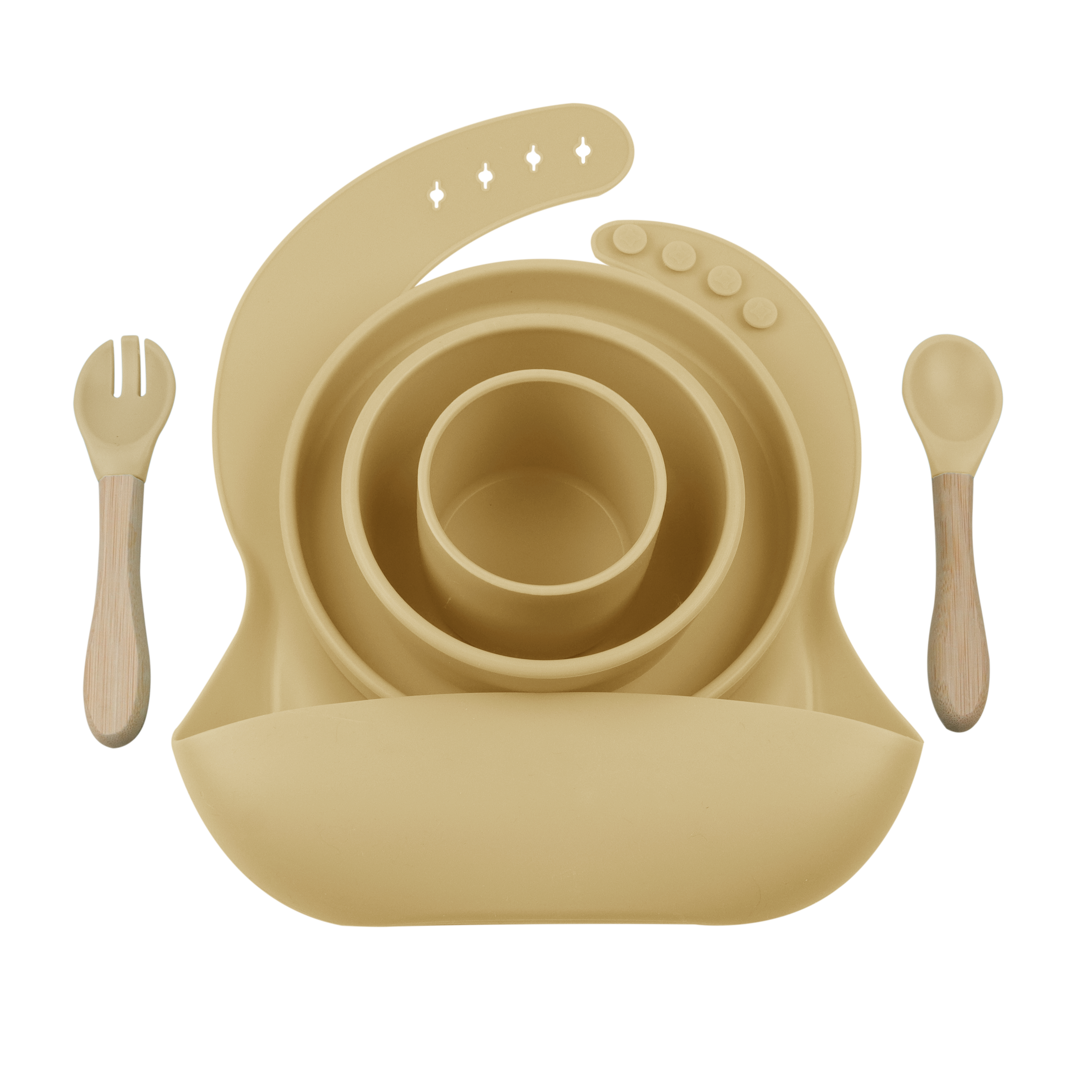 BLW SET III - Silikon Esslernset 6-teilig (Lätzchen + Teller + Schale + Becher + Löffel + Gabel)