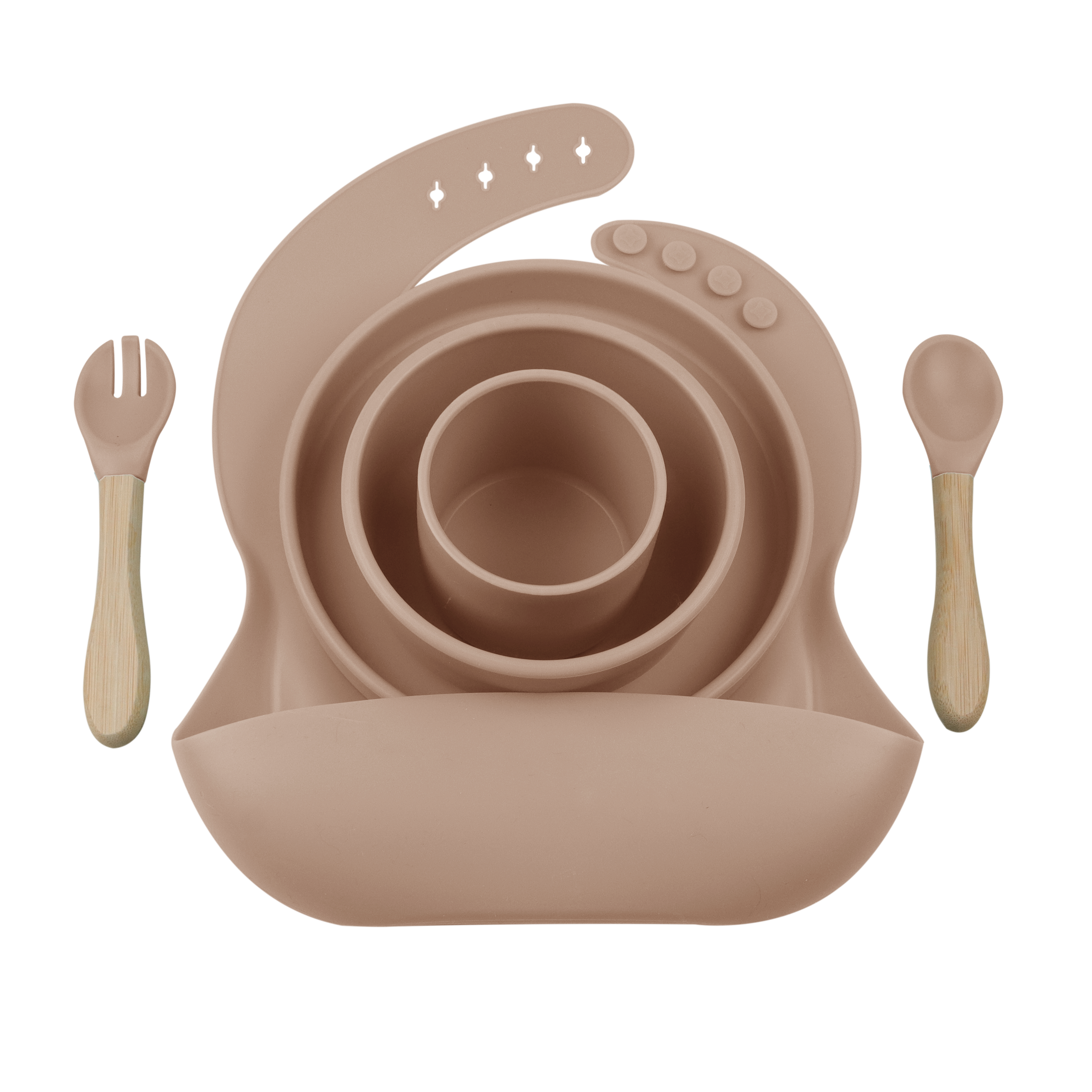 BLW SET III - Silikon Esslernset 6-teilig (Lätzchen + Teller + Schale + Becher + Löffel + Gabel)