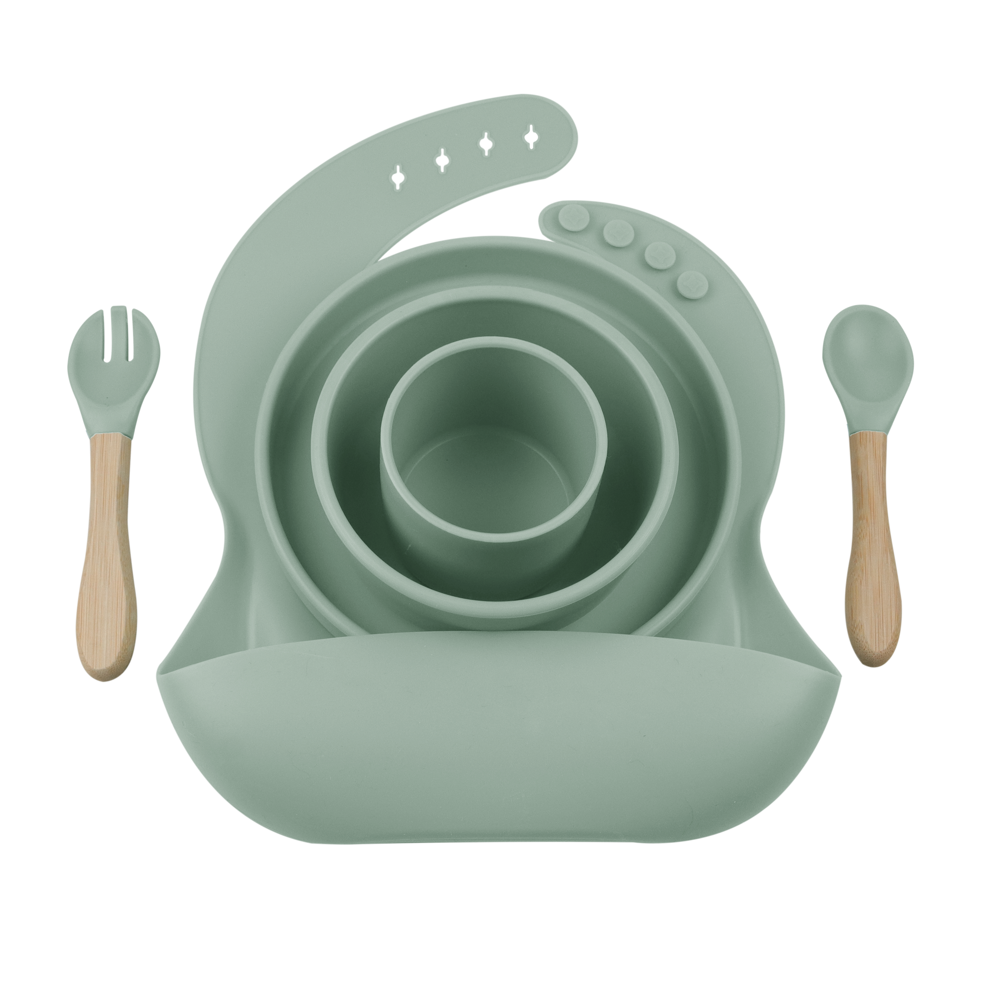 BLW SET III - Silikon Esslernset 6-teilig (Lätzchen + Teller + Schale + Becher + Löffel + Gabel)
