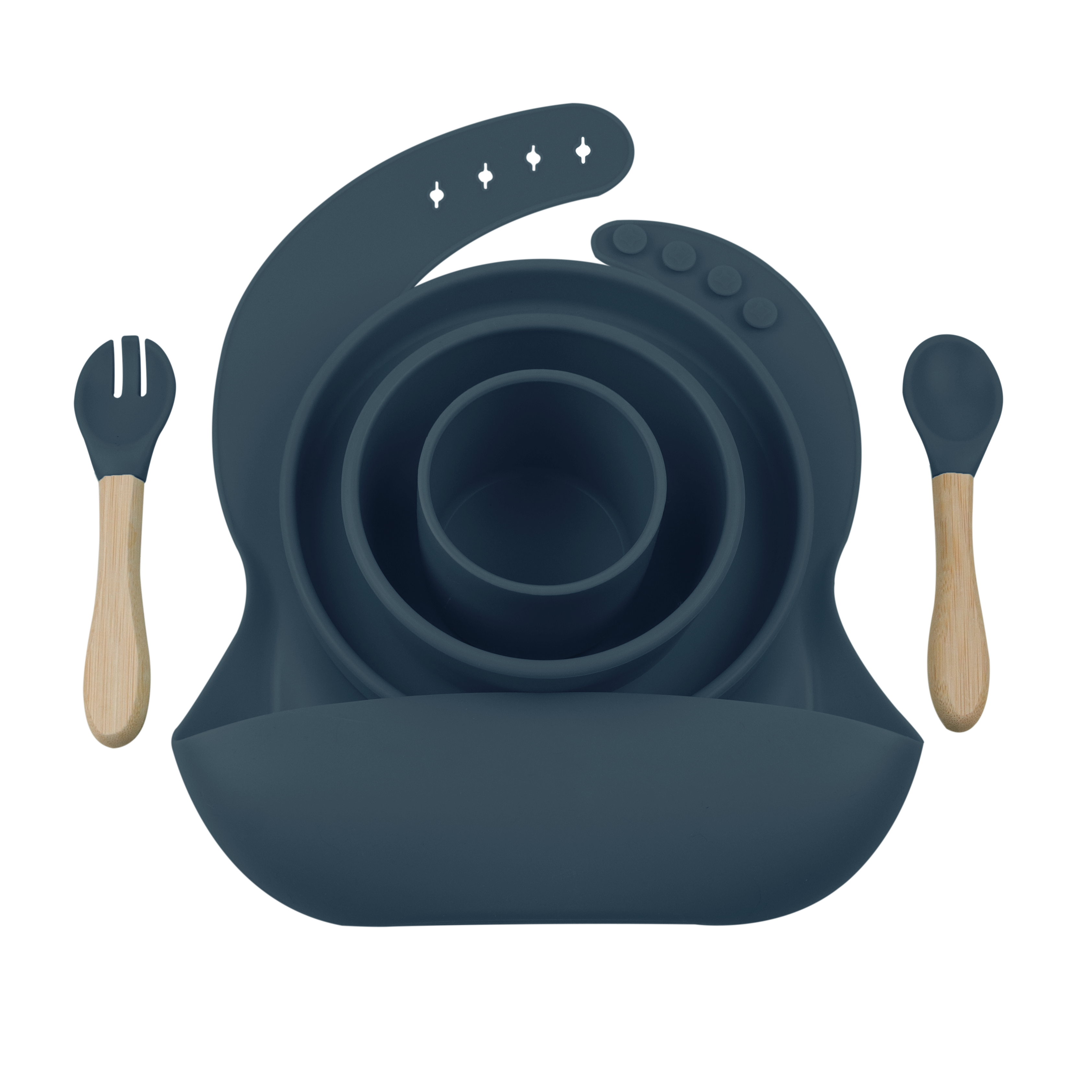 BLW SET III - Silikon Esslernset 6-teilig (Lätzchen + Teller + Schale + Becher + Löffel + Gabel)